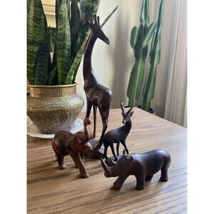 Vintage Hand Carved Wooden Safari Animals Rhinoceros Elephant Giraffe Gazelle